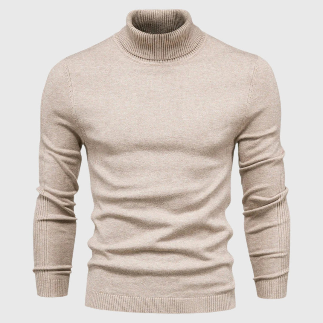 Elegant men's classic roll neck jumper, a long sleeve knit for a sophisticated, comfortable autumn outfit.