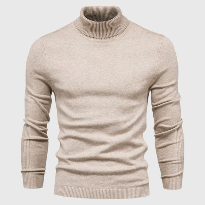 Elegant men's classic roll neck jumper, a long sleeve knit for a sophisticated, comfortable autumn outfit.