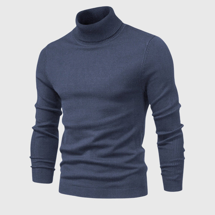 Close-up of the soft, stylish knit on a men's long sleeve roll neck jumper, ideal for autumn comfort.