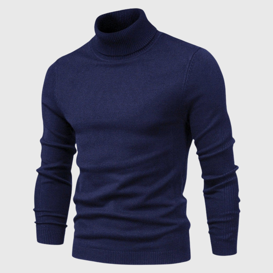 Studio shot of a men's classic roll neck jumper, highlighting its comfortable fit and versatile knit.