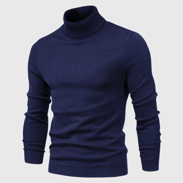 Studio shot of a men's classic roll neck jumper, highlighting its comfortable fit and versatile knit.
