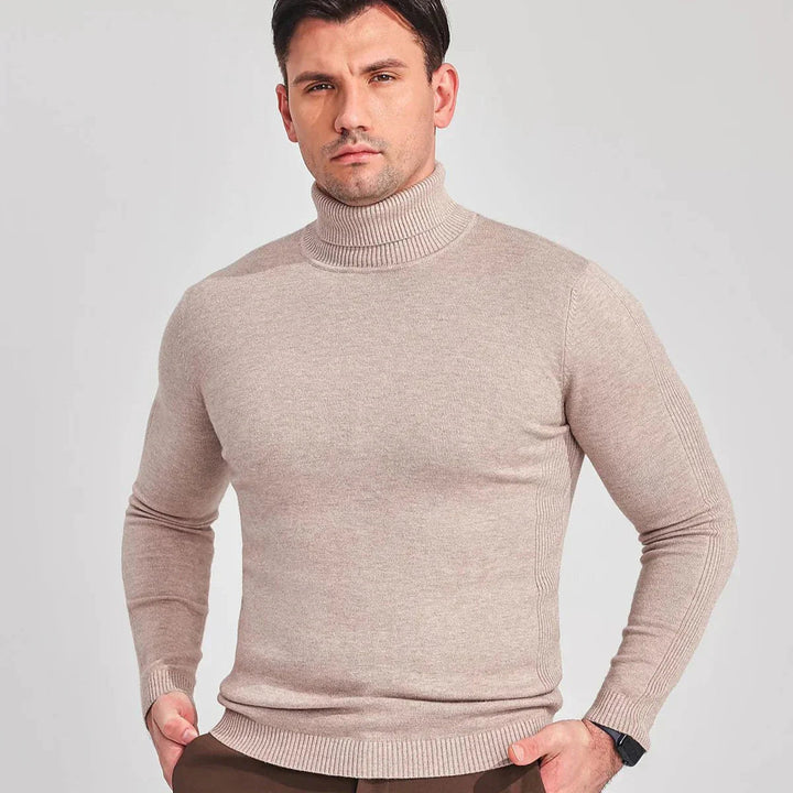 Back view of a men's classic roll neck jumper, showcasing its comfortable fit & stylish knit for versatile wear.
