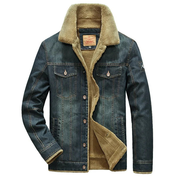 Men's classic rugged blue button-down jacket, perfect for fall fashion and casual outerwear.