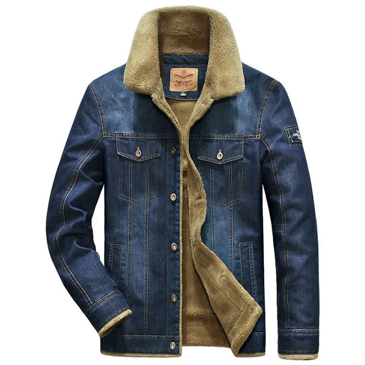 Warm men's rugged button-down winter jacket in blue, ideal for cold weather and casual wear.