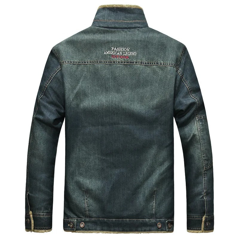Collared men's blue rugged button-down jacket, a versatile piece for fall and winter casual outerwear.