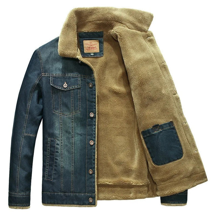 Stylish men's rugged blue button-down jacket, great for a classic casual look in fall & winter.