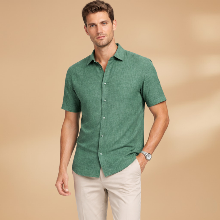 Classic men's short sleeve button-up shirt, perfect for smart casual summer style and everyday wear.