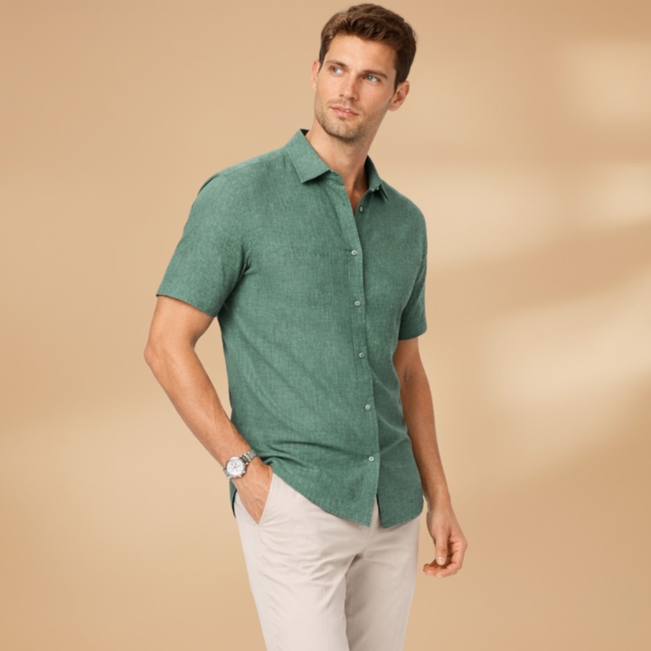Versatile men's short sleeve button-up top, a classic style essential for casual summer fashion.
