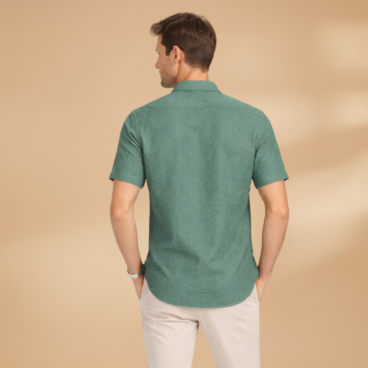 Stylish men's short sleeve button-up shirt, perfect for smart casual looks and summer comfort.