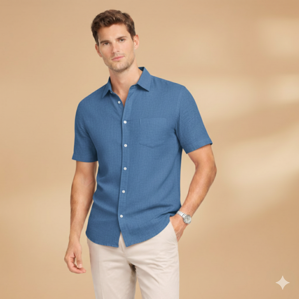 Everyday men's short sleeve button-up shirt, a smart casual classic for summer fashion.