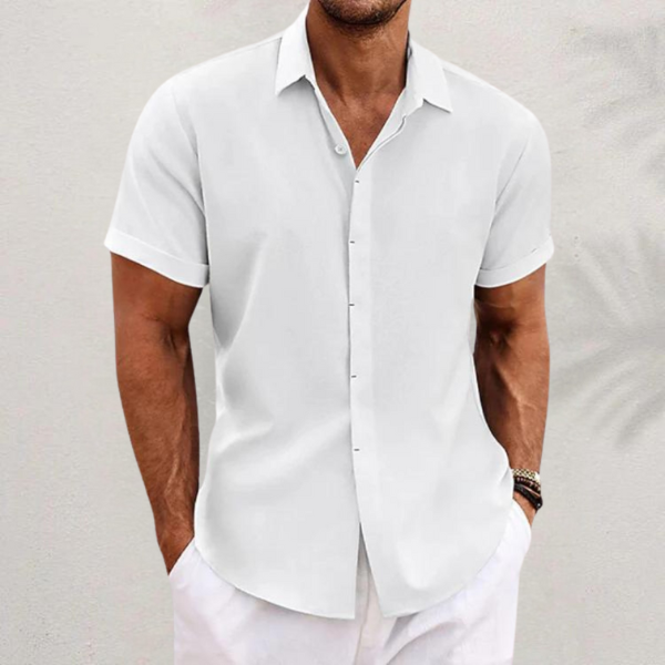 Spring/summer men's classic button-down shirt. Short-sleeve collared design for casual everyday fashion.