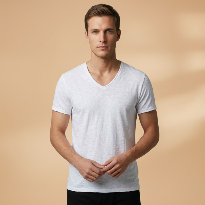 Back view of a plain men's short sleeve summer t-shirt, showing casual wear and comfortable fit.