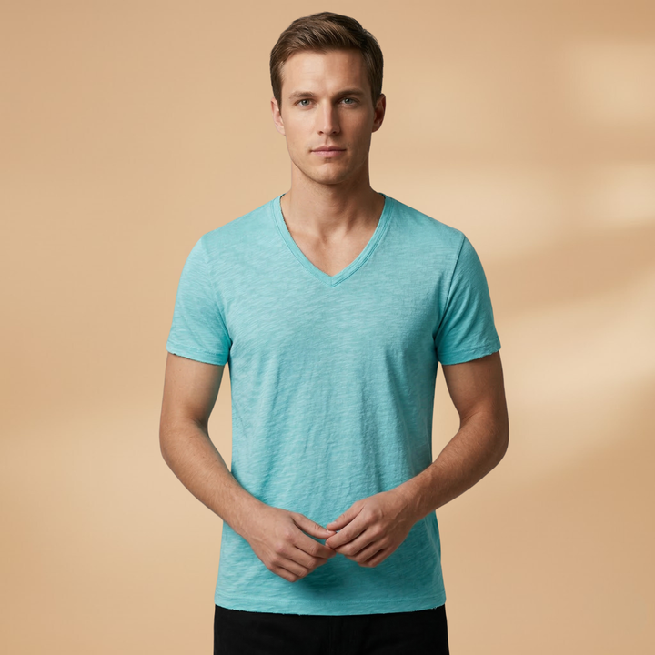 Men's short sleeve summer t-shirt styled with casual accessories, a versatile everyday fashion tee.