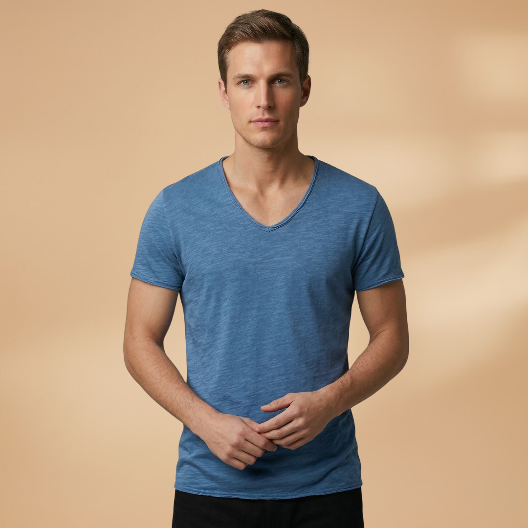 Folded men's short sleeve summer t-shirt, a plain crew neck tee essential for warm weather wardrobes.