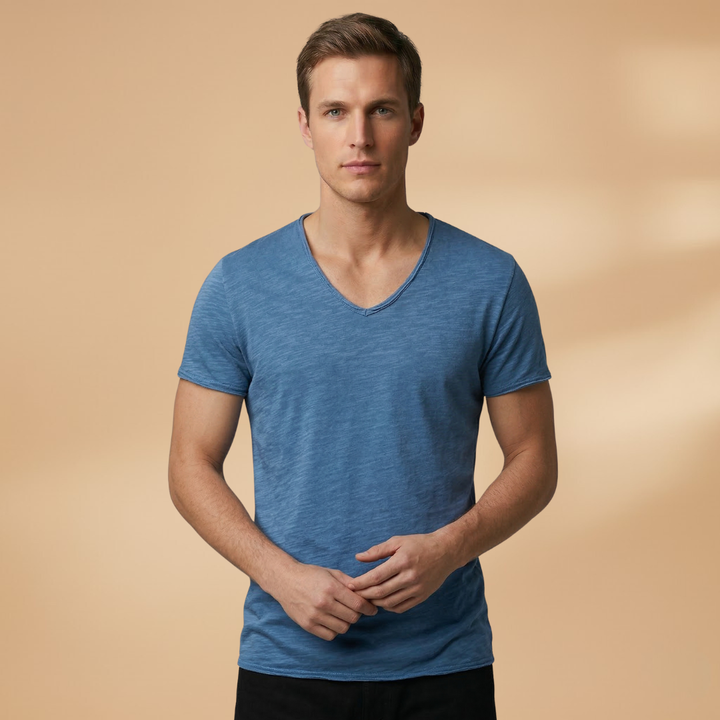 Folded men's short sleeve summer t-shirt, a plain crew neck tee essential for warm weather wardrobes.