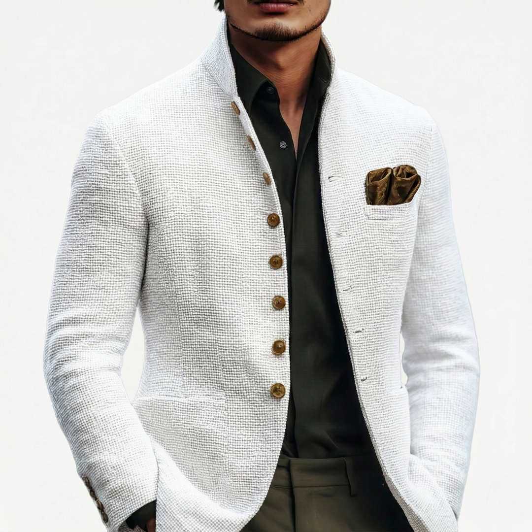 Versatile white men's blazer, ideal for formal wear, smart casual, or business casual. Stylish tailored jacket.