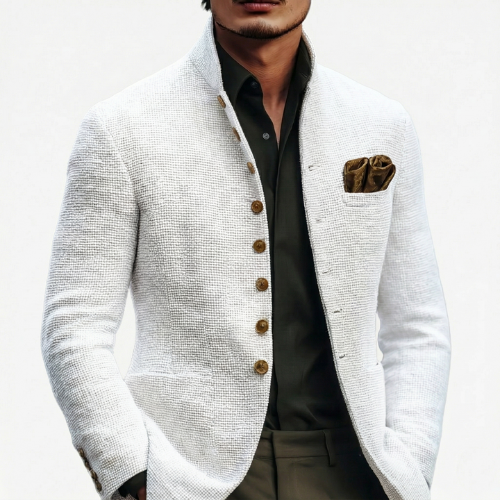Versatile white men's blazer, ideal for formal wear, smart casual, or business casual. Stylish tailored jacket.