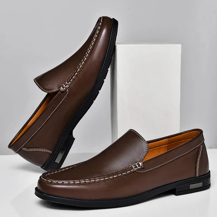 Close-up of men's classic slip-on loafers, highlighting quality and comfortable design.