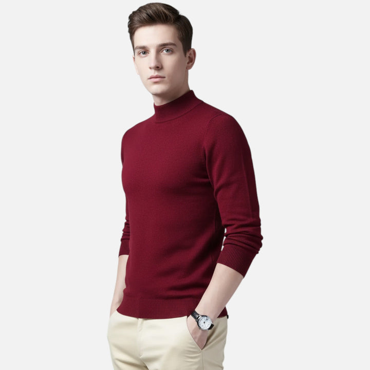 Soft knit men's stand-collar pullover sweater, ideal for cozy autumn & winter fashion.
