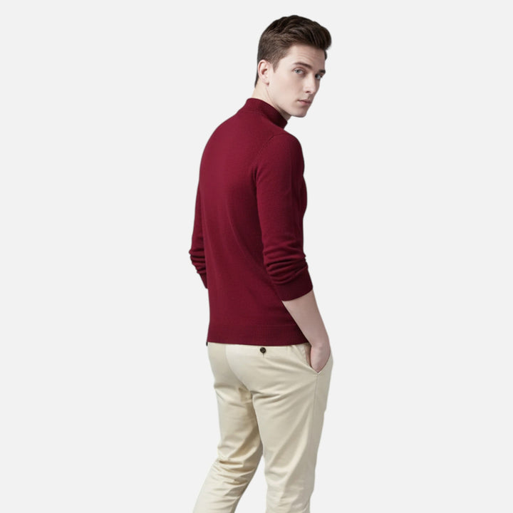 Stylish men's long-sleeve stand-collar knit sweater, great for casual winter & autumn outfits.