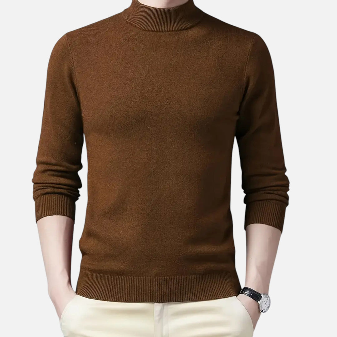 Men's knit stand-collar sweater for stylish layering. A warm long-sleeve pullover for cold weather.