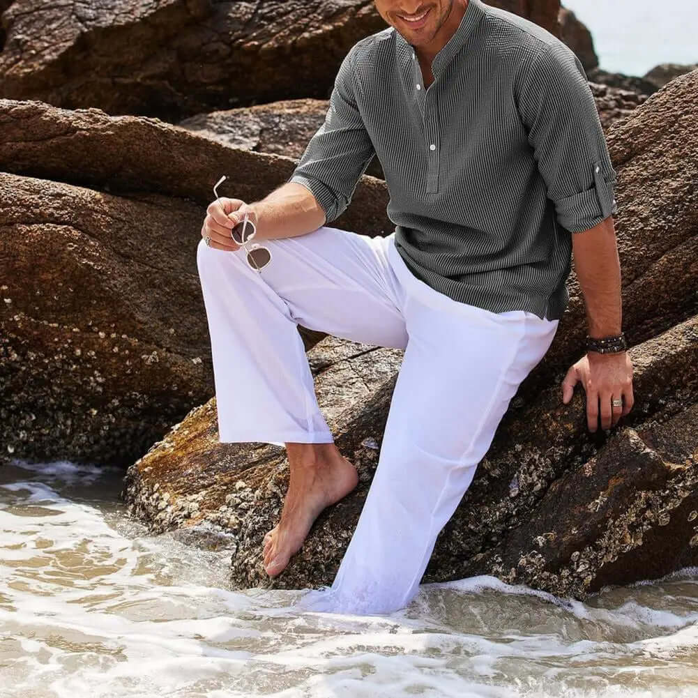 Men's classic stand collar shirt, elegant & versatile for smart casual or everyday wear. Relaxed fit summer fashion.