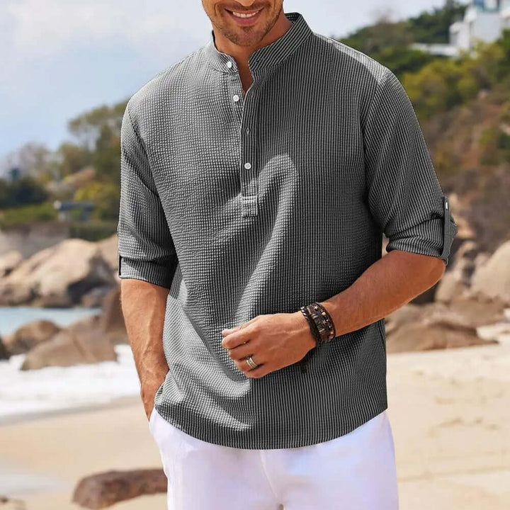 Elegant men's stand collar shirt in a relaxed fit, perfect for versatile smart casual or summer everyday fashion.