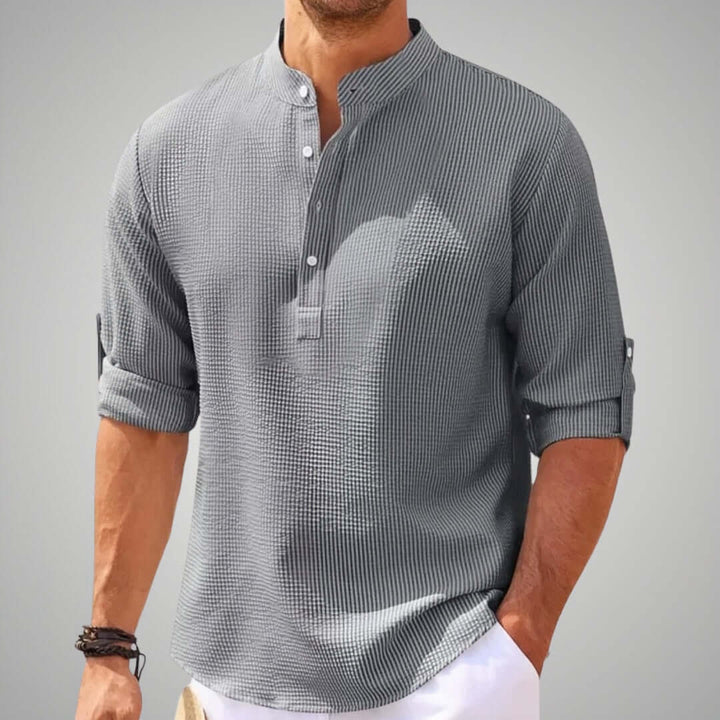 Classic men's stand collar shirt with a relaxed fit, ideal for casual, elegant, and versatile summer mens fashion.