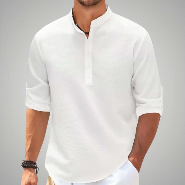 Versatile men's stand collar shirt for smart casual, everyday wear or summer. Elegant, classic relaxed fit fashion.