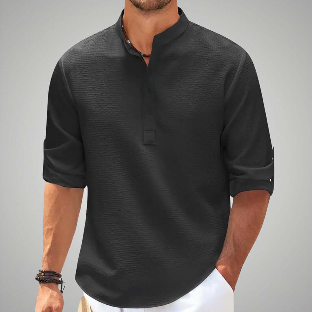 Stylish men's classic stand collar shirt, elegant & comfortable relaxed fit for versatile casual and summer fashion.