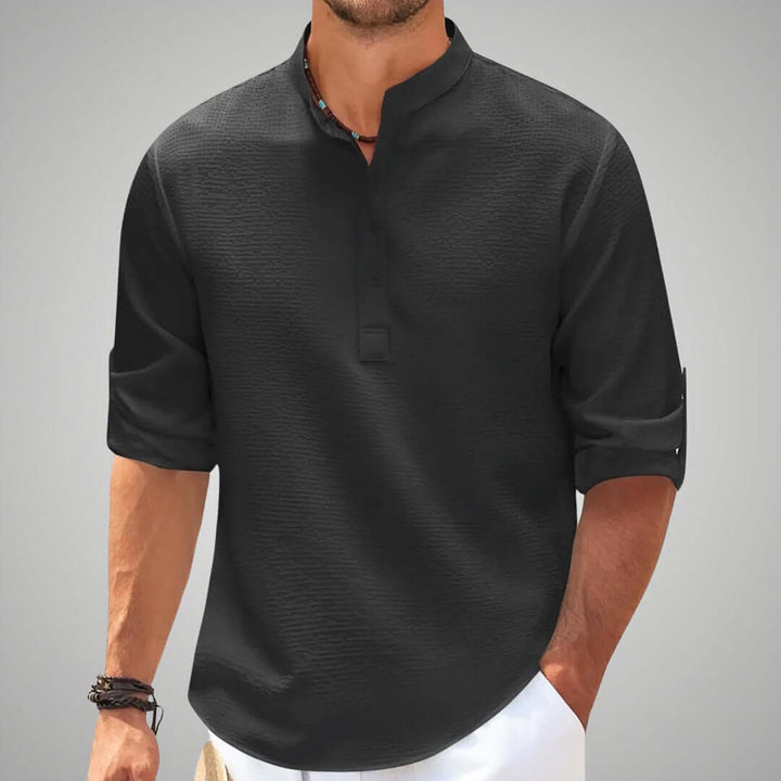 Stylish men's classic stand collar shirt, elegant & comfortable relaxed fit for versatile casual and summer fashion.