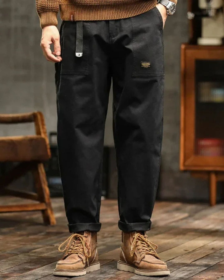 Blue men's straight leg cargo pants. Durable and comfortable, ideal for casual outdoor adventures or everyday style.