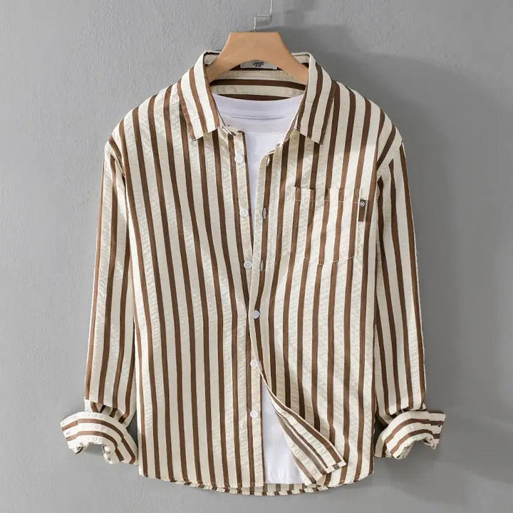 Versatile men's striped long sleeve button-down shirt, offering classic style and comfort for daily wear.