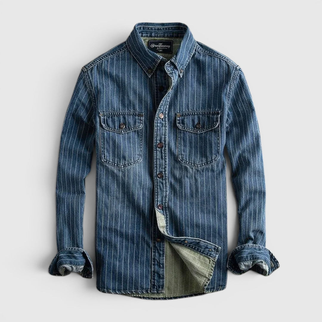 Men's versatile blue & black striped long sleeve button-up shirt, styled for smart casual everyday wear.