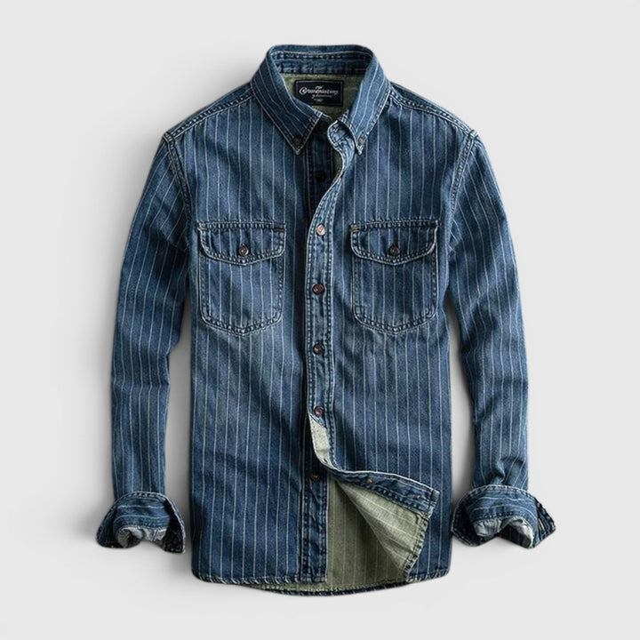 Men's versatile blue & black striped long sleeve button-up shirt, styled for smart casual everyday wear.