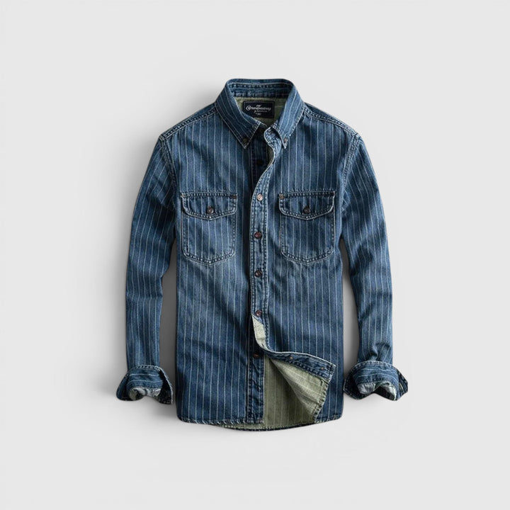 Back view of men's casual striped long sleeve button-up shirt, showing smooth fabric texture.