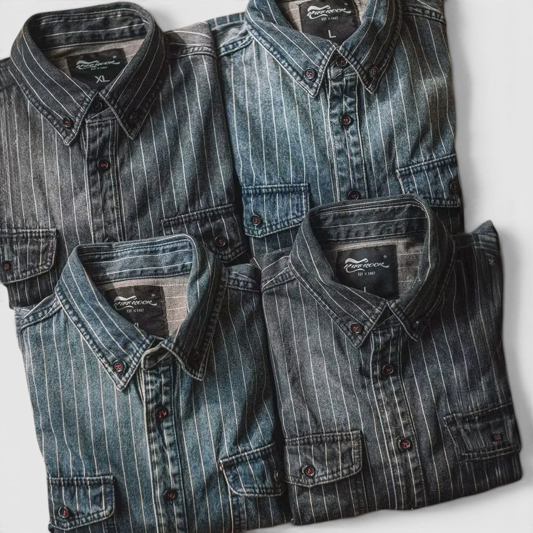 Neatly folded men's blue & black striped long sleeve button-up shirt, ready for everyday classic style.