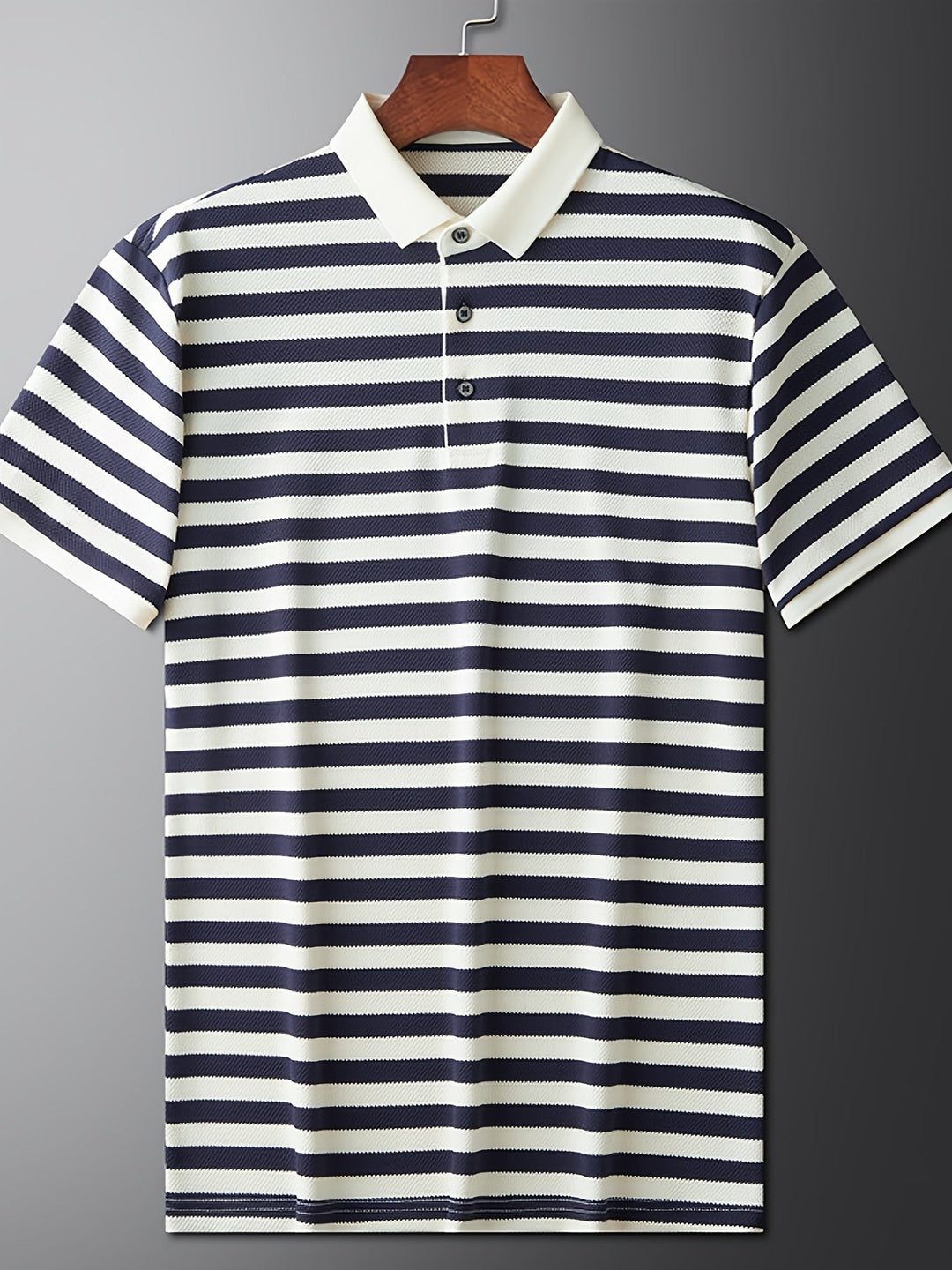Men's classic striped polo shirt with contrast collar. Perfect for smart casual wear and everyday fashion.