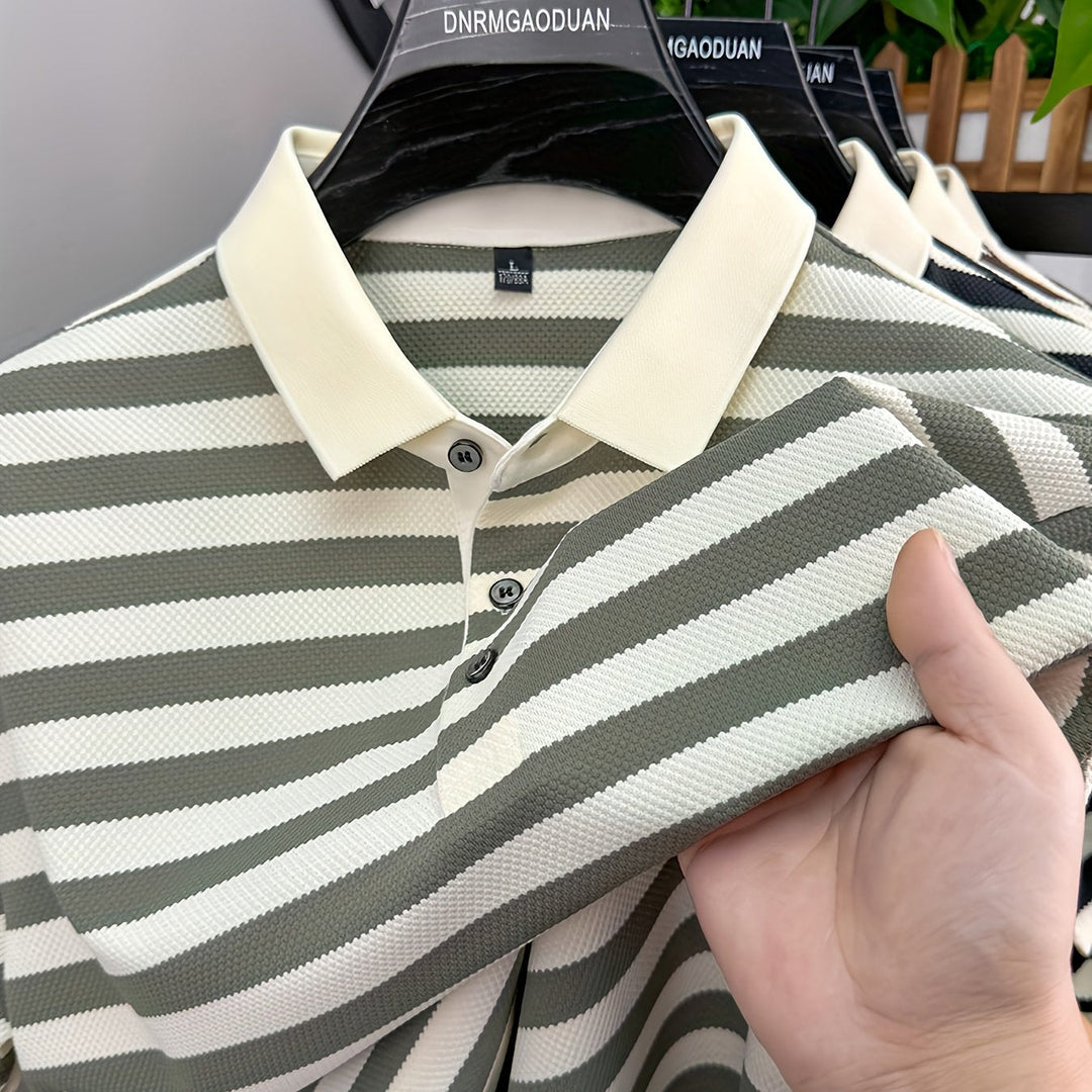 Blue striped short sleeve men's polo with a sharp contrast collar and button placket, regular fit.