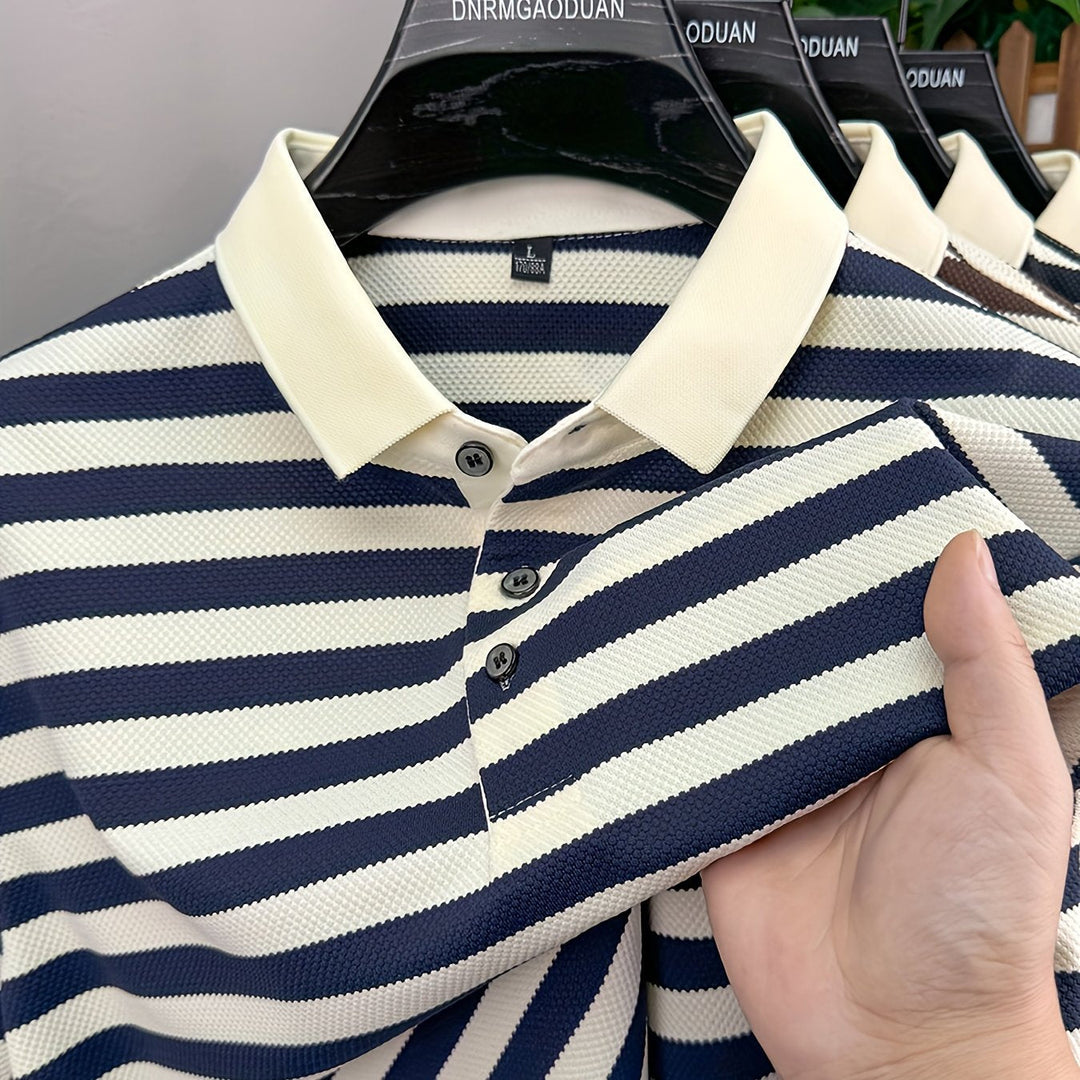 Green men's striped polo shirt, ideal for casual wear. Features a stylish contrast collar and short sleeves.