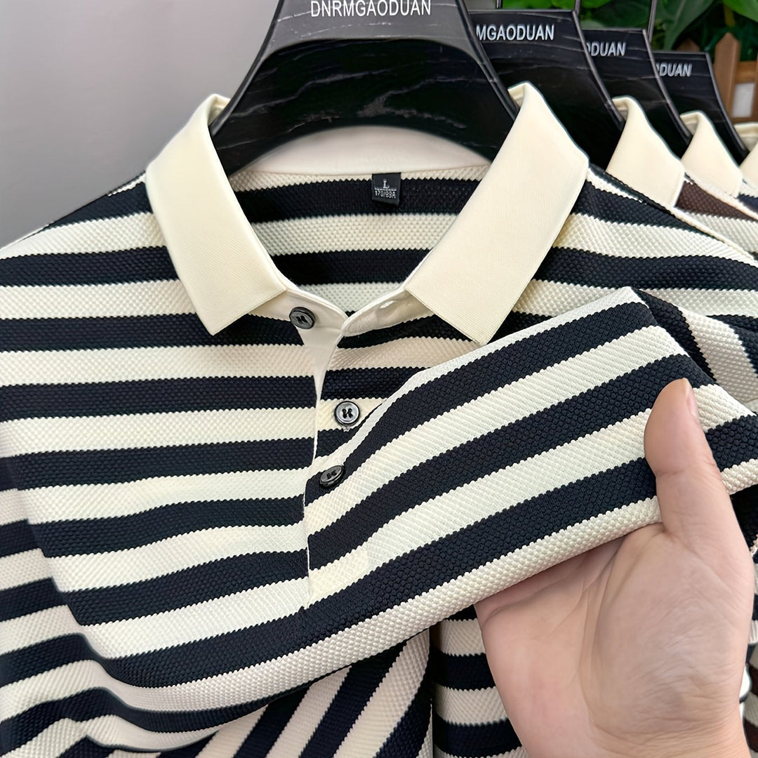 Black striped men's regular fit polo shirt with a stylish contrast collar, great for casual fashion.