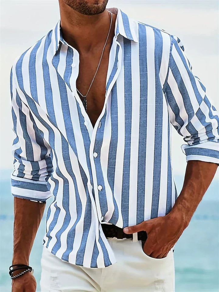 Men's classic striped summer shirt, short sleeve, relaxed fit. Ideal for warm weather and casual fashion.