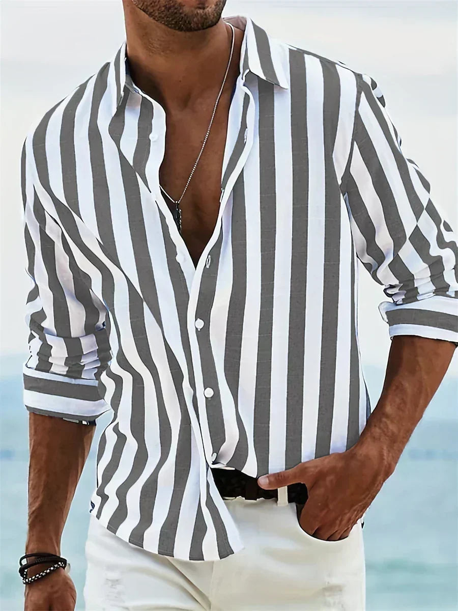Casual men's striped summer shirt, short sleeve, perfect beachwear for vacations & warm weather fashion.