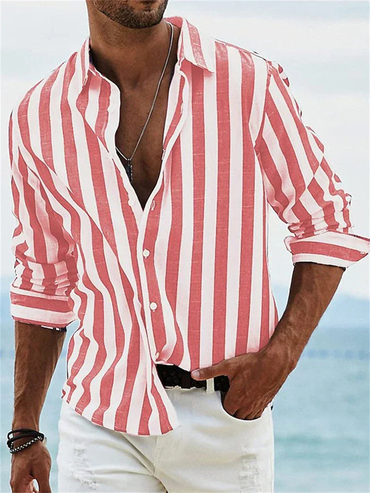 Men's relaxed fit striped summer shirt with short sleeves, great for casual wear, beach, or warm weather.