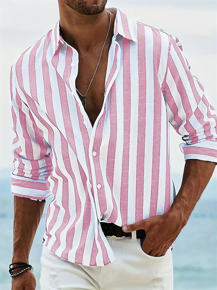 Classic men's short sleeve striped shirt for summer. Relaxed fit, perfect for casual style & beach vacations.