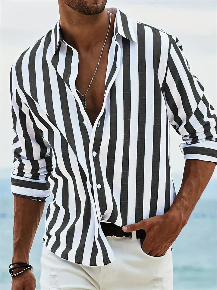 Stylish men's striped summer shirt, short sleeve, relaxed fit. Essential warm weather casual shirt & beachwear.