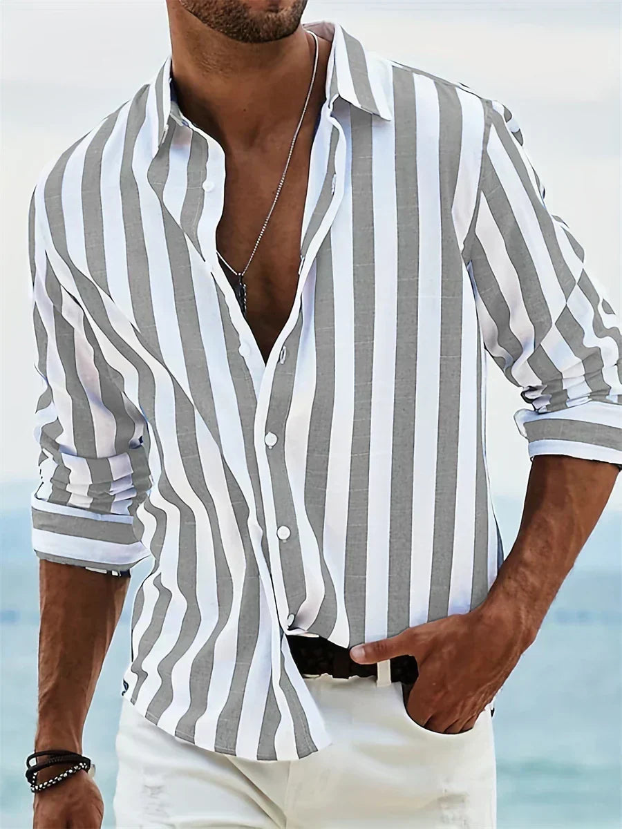 Men's short sleeve striped summer shirt, relaxed fit, perfect for casual fashion, beach, and warm weather.