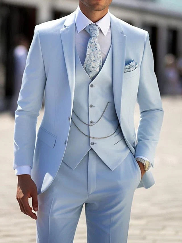 Men's classic tailored 3-piece suit in sky blue, perfect for weddings, business, or formal occasions.
