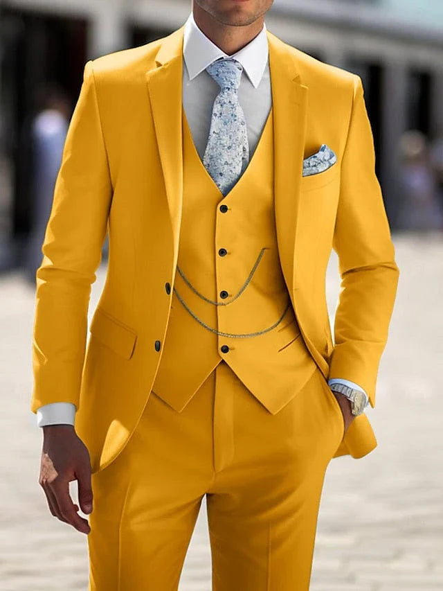Stylish men's yellow 3-piece suit, a versatile choice for formal, business, or party wear.