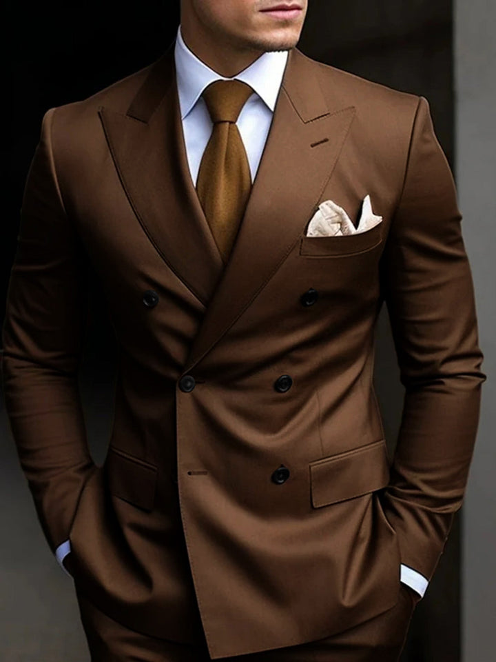 Men's classic tailored double-breasted 2-piece suit, sharp fit for formal or business events.